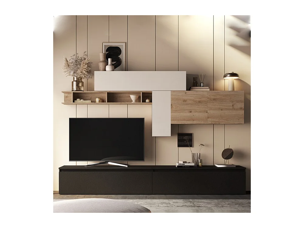 Parete attrezzata soggiorno 276x195 cm rovere, beige, grafite PAL60
