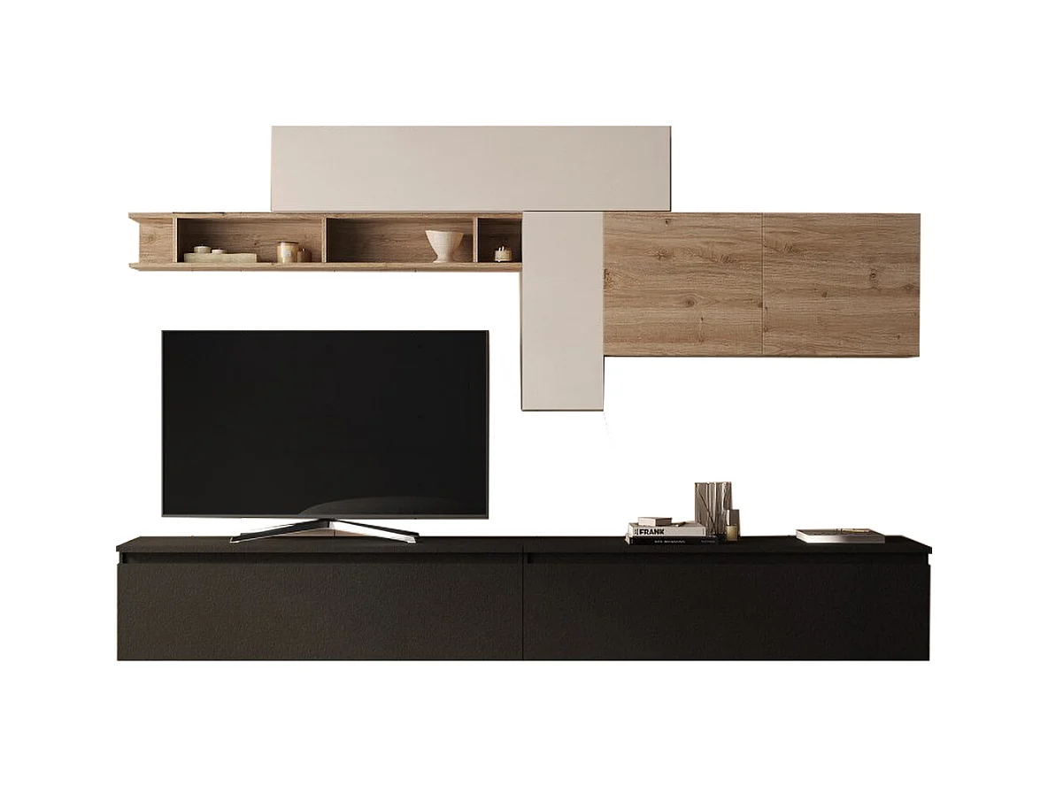 Parete attrezzata soggiorno 276x195 cm rovere, beige, grafite PAL60