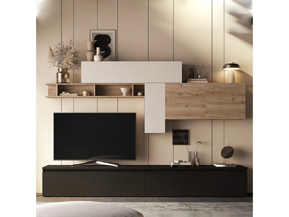 Parete attrezzata soggiorno 276x195 cm rovere, beige, grafite PAL60