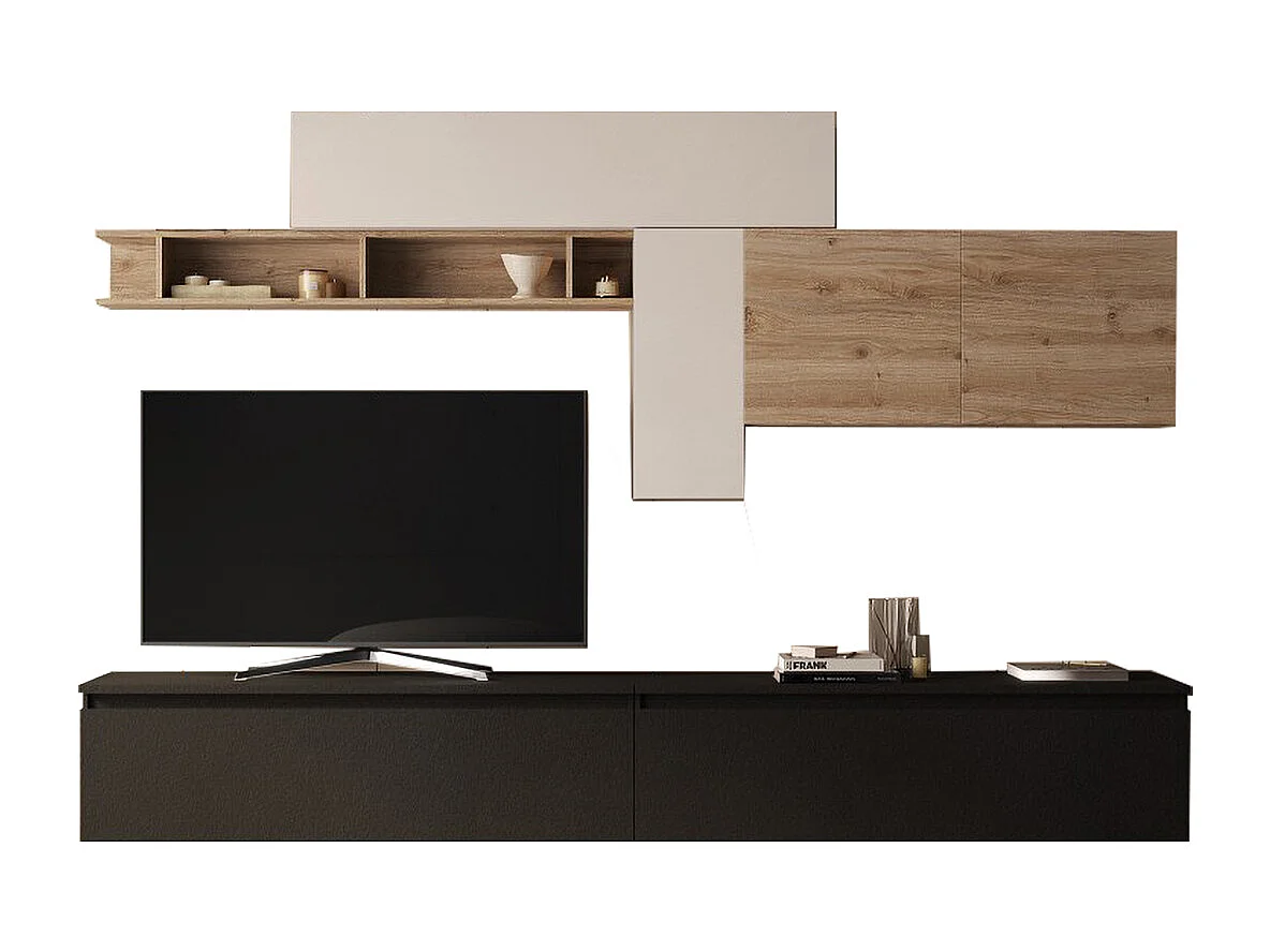 Parete attrezzata soggiorno 276x195 cm rovere, beige, grafite PAL60
