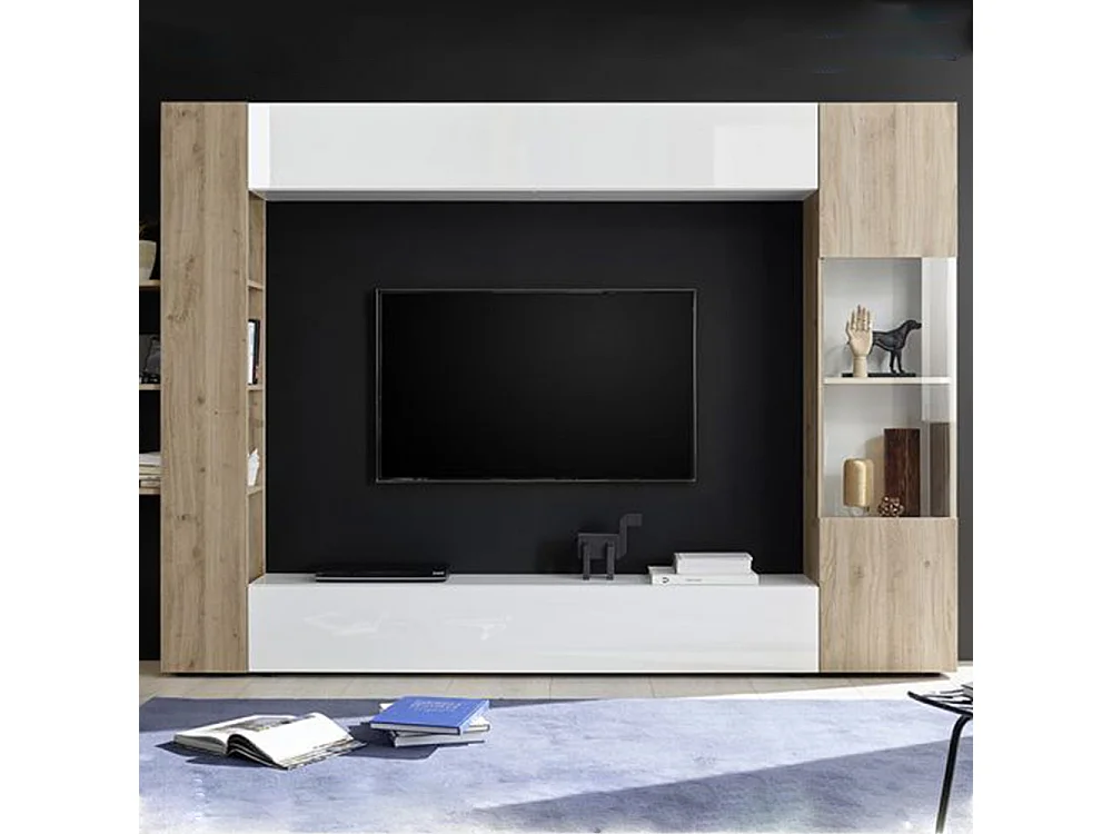 Parete attrezzata a terra design moderno con pensili e vetrina 257x187 PAL6 bianco e rovere cadiz