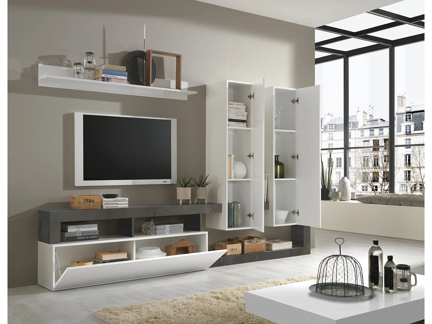 Parete attrezzata moderna a terra con pensili verticali 277x173 PAL2 bianco e pero