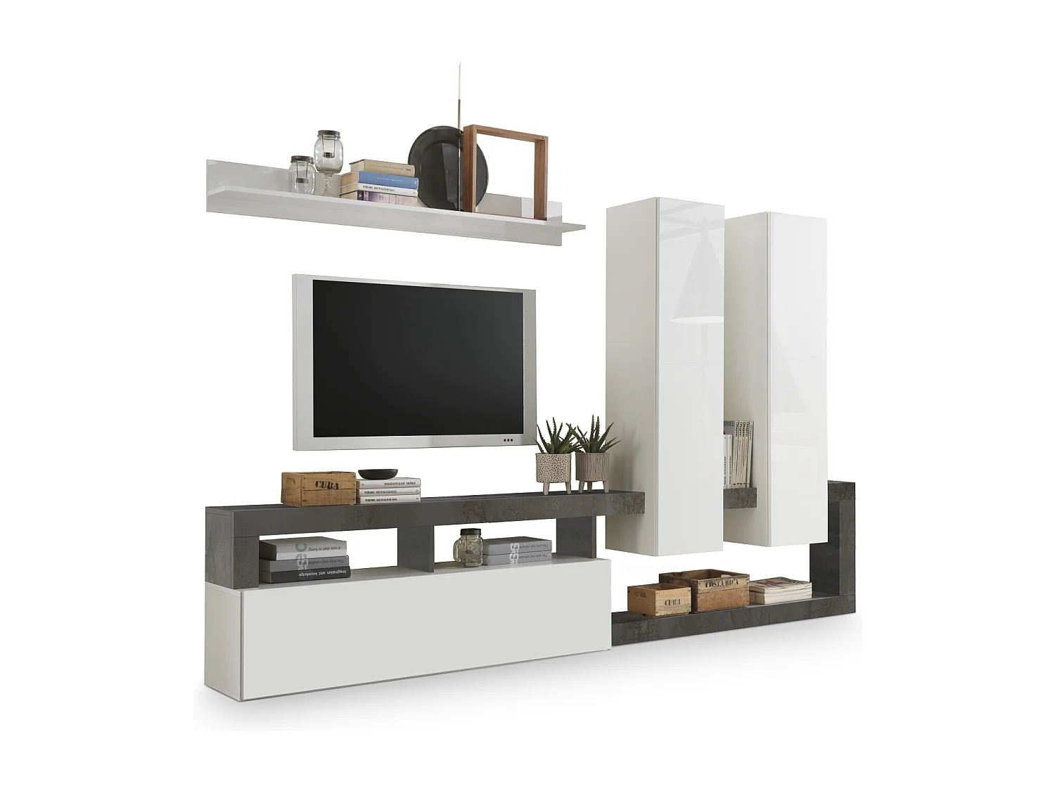 Parete attrezzata moderna a terra con pensili verticali 277x173 PAL2 bianco e pero