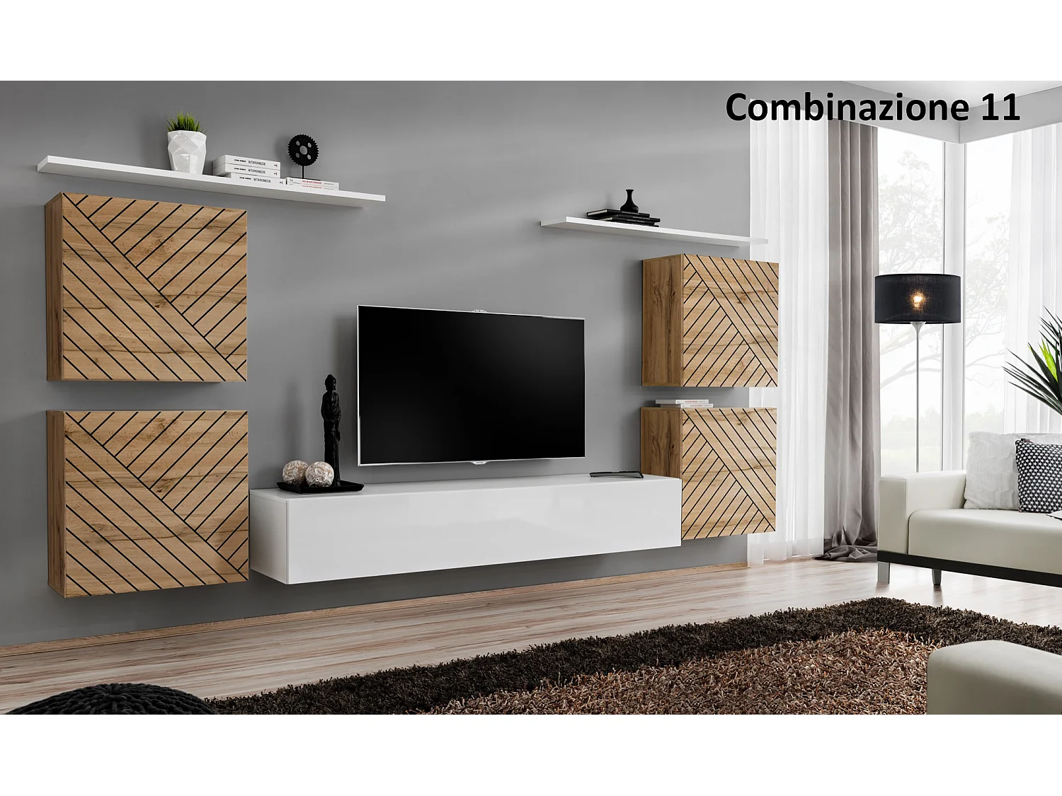 Parete attrezzata sospesa stile moderno PAP48 320x150 rovere e bianco