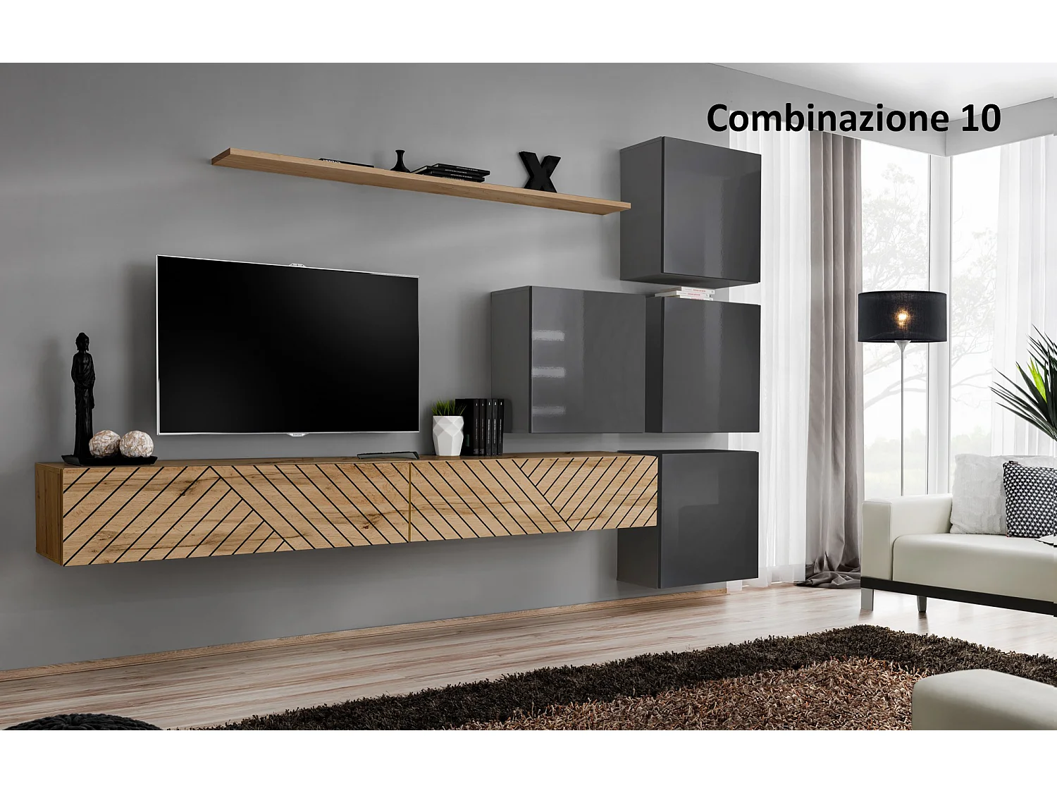 Parete attrezzata per soggiorno design moderno PAP53 310x200 rovere e grigio