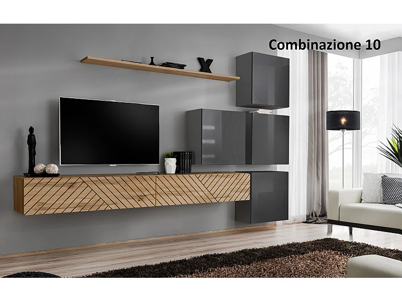 Parete attrezzata per soggiorno design moderno PAP53 310x200 rovere e grigio