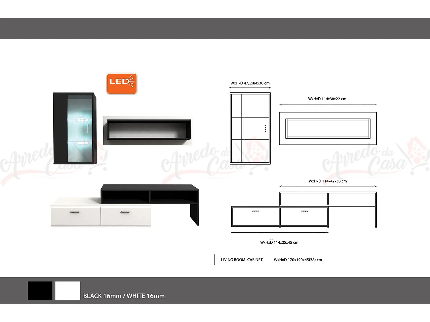 Parete soggiorno con led rovere nero/bianco SG4