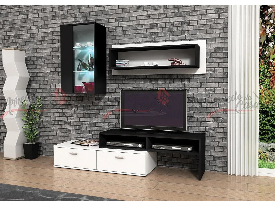 Parete soggiorno con led rovere nero/bianco SG4