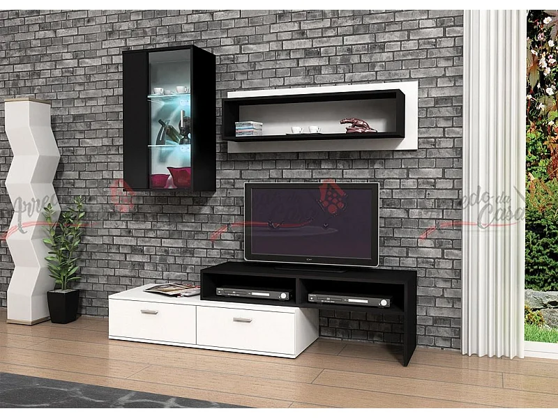 Parete soggiorno con led rovere nero/bianco SG4