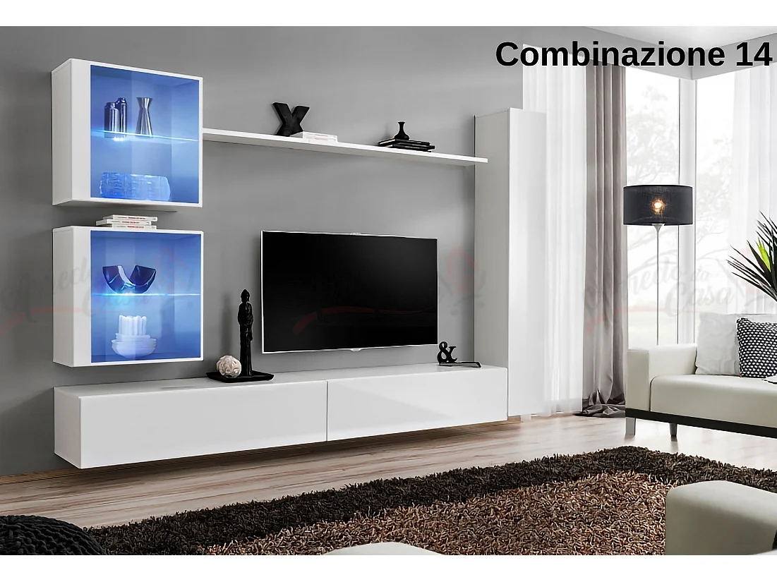 Parete attrezzata moderna per soggiorno con luci led 280x180 bianco PAP62