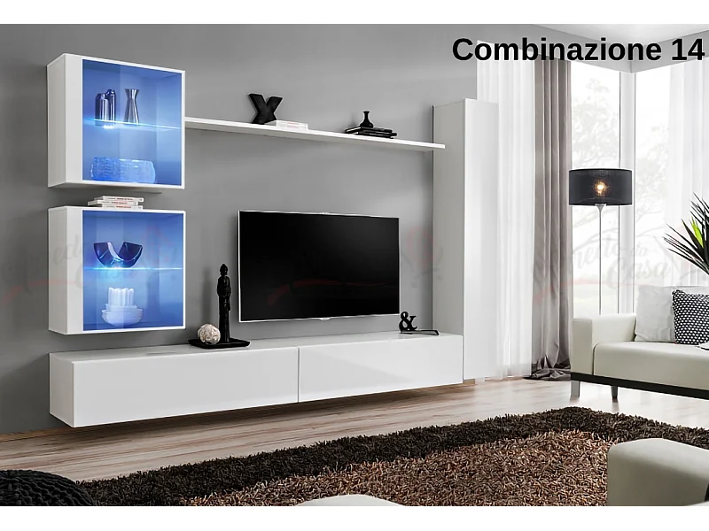 Parete attrezzata moderna per soggiorno con luci led 280x180 bianco PAP62