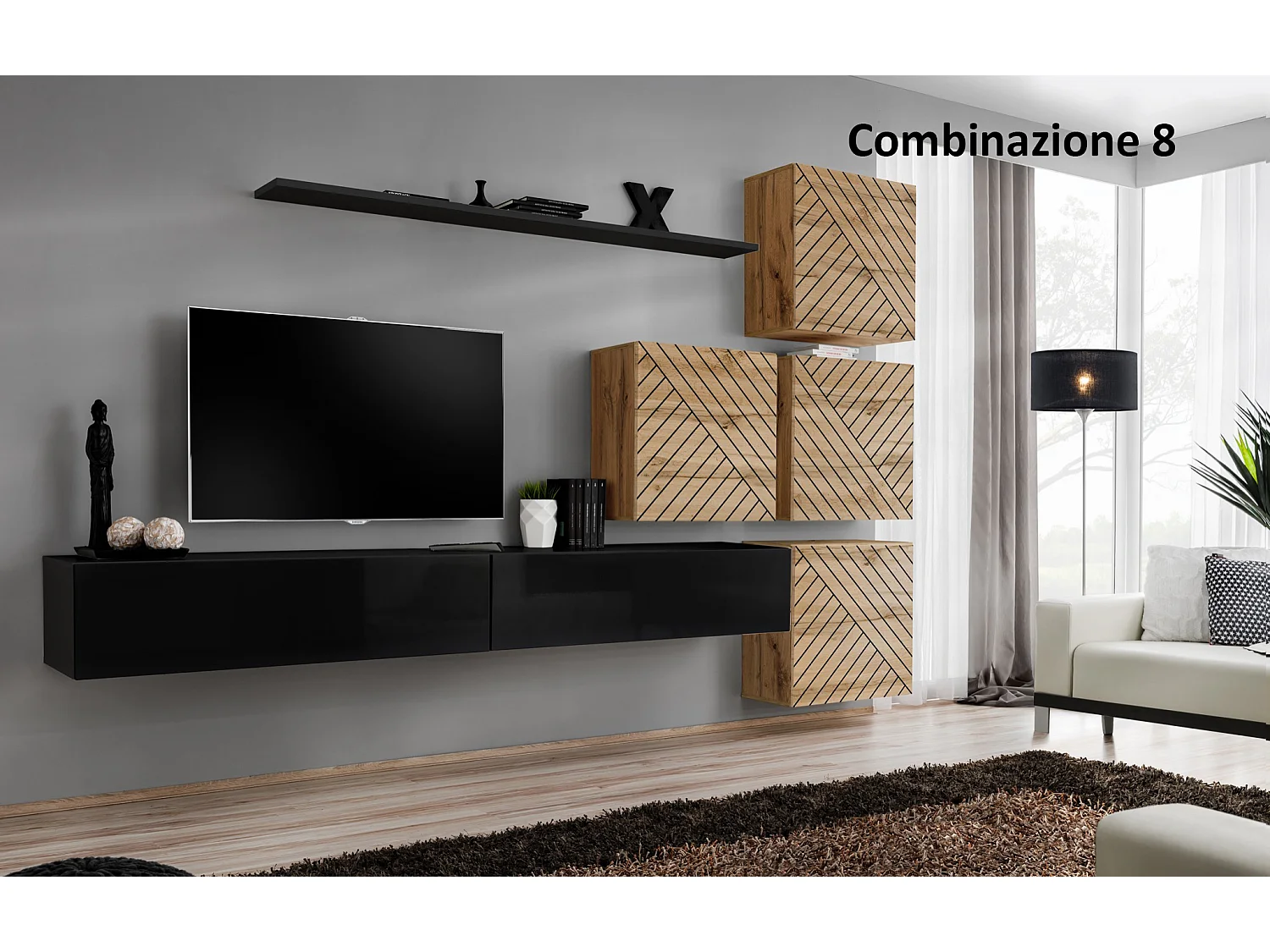 Parete attrezzata per soggiorno design moderno PAP53 310x200 nero e rovere