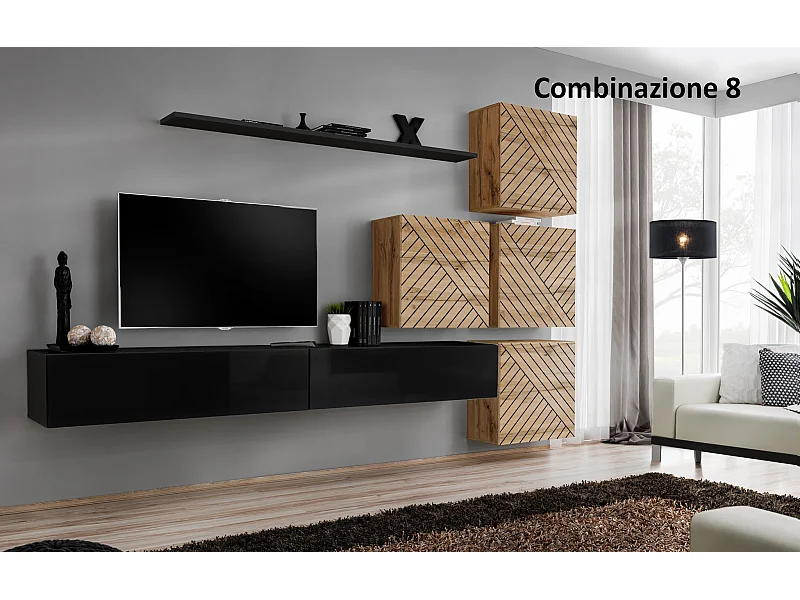 Parete attrezzata per soggiorno design moderno PAP53 310x200 nero e rovere