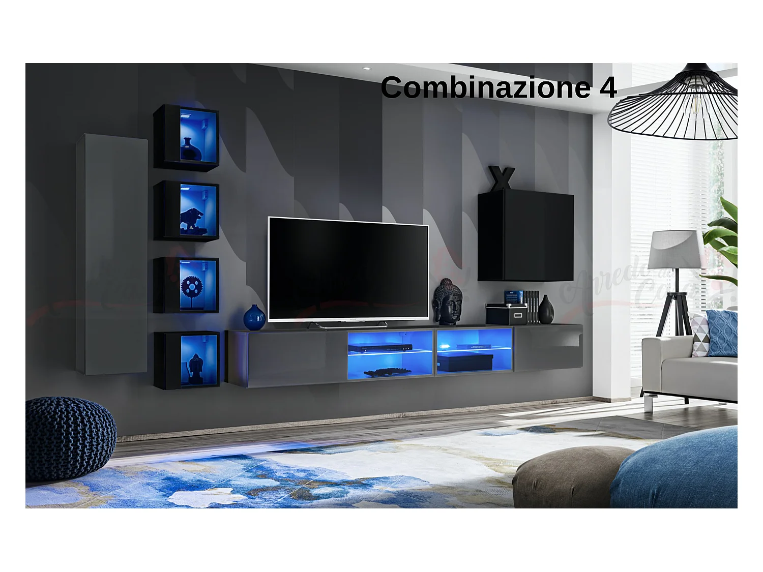 Parete attrezzata soggiorno con vetrinette e led 320x150 grigio e nero PAP72