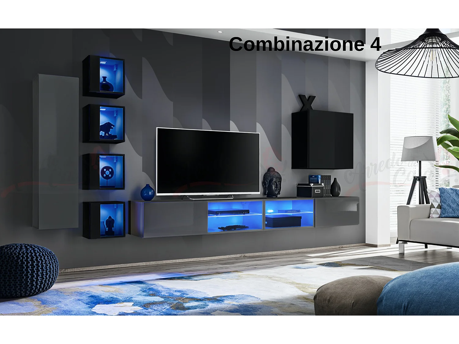 Parete attrezzata soggiorno con vetrinette e led 320x150 grigio e nero PAP72