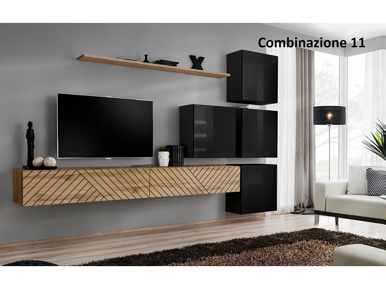 Parete attrezzata per soggiorno design moderno PAP53 310x200 rovere e nero