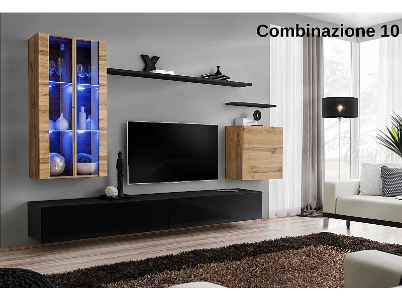 Parete attrezzata per soggiorno con luci LED 270x160 rovere e nero PAP56