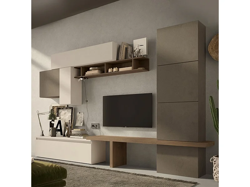 Parete attrezzata soggiorno 295x195 cm bronzo, beige e noce PAL57