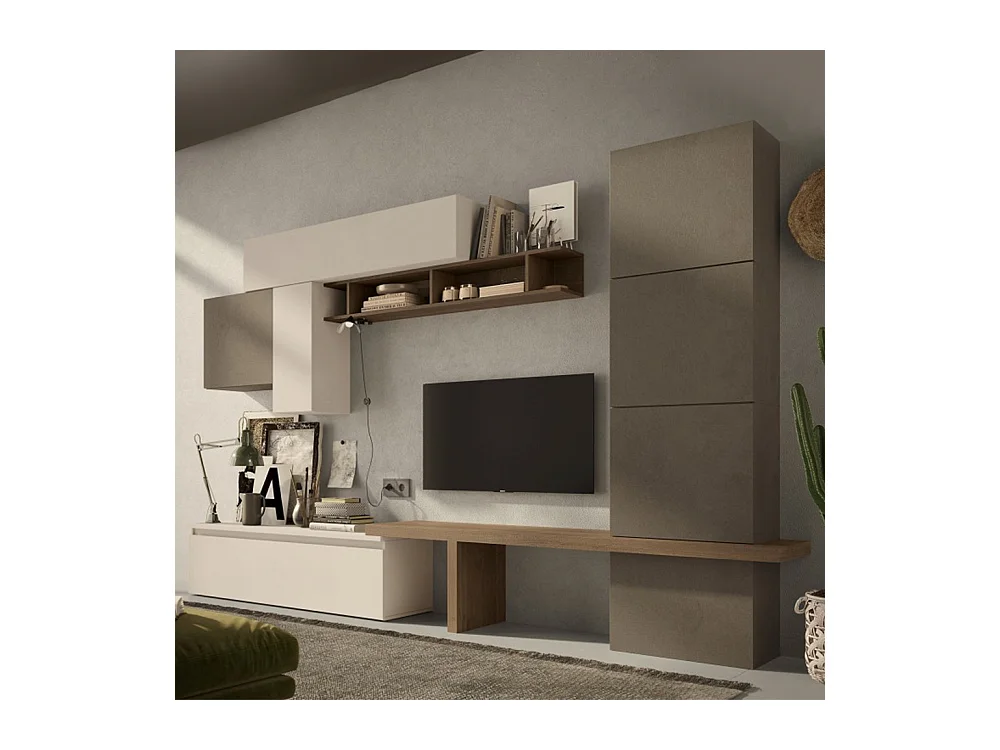 Parete attrezzata soggiorno 295x195 cm bronzo, beige e noce PAL57