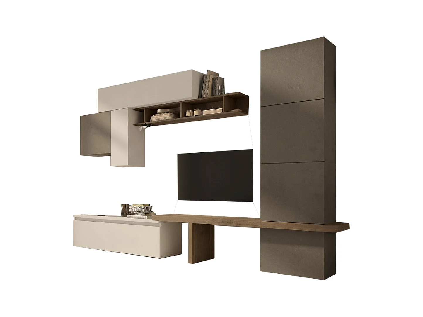 Parete attrezzata soggiorno 295x195 cm bronzo, beige e noce PAL57