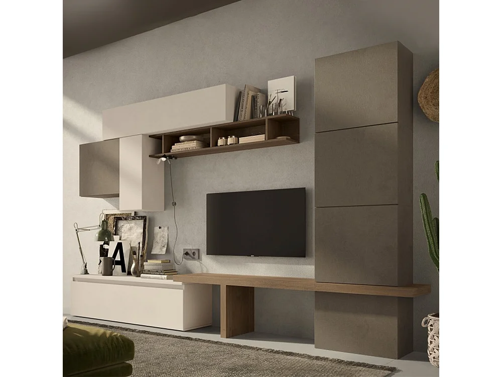 Parete attrezzata soggiorno 295x195 cm bronzo, beige e noce PAL57