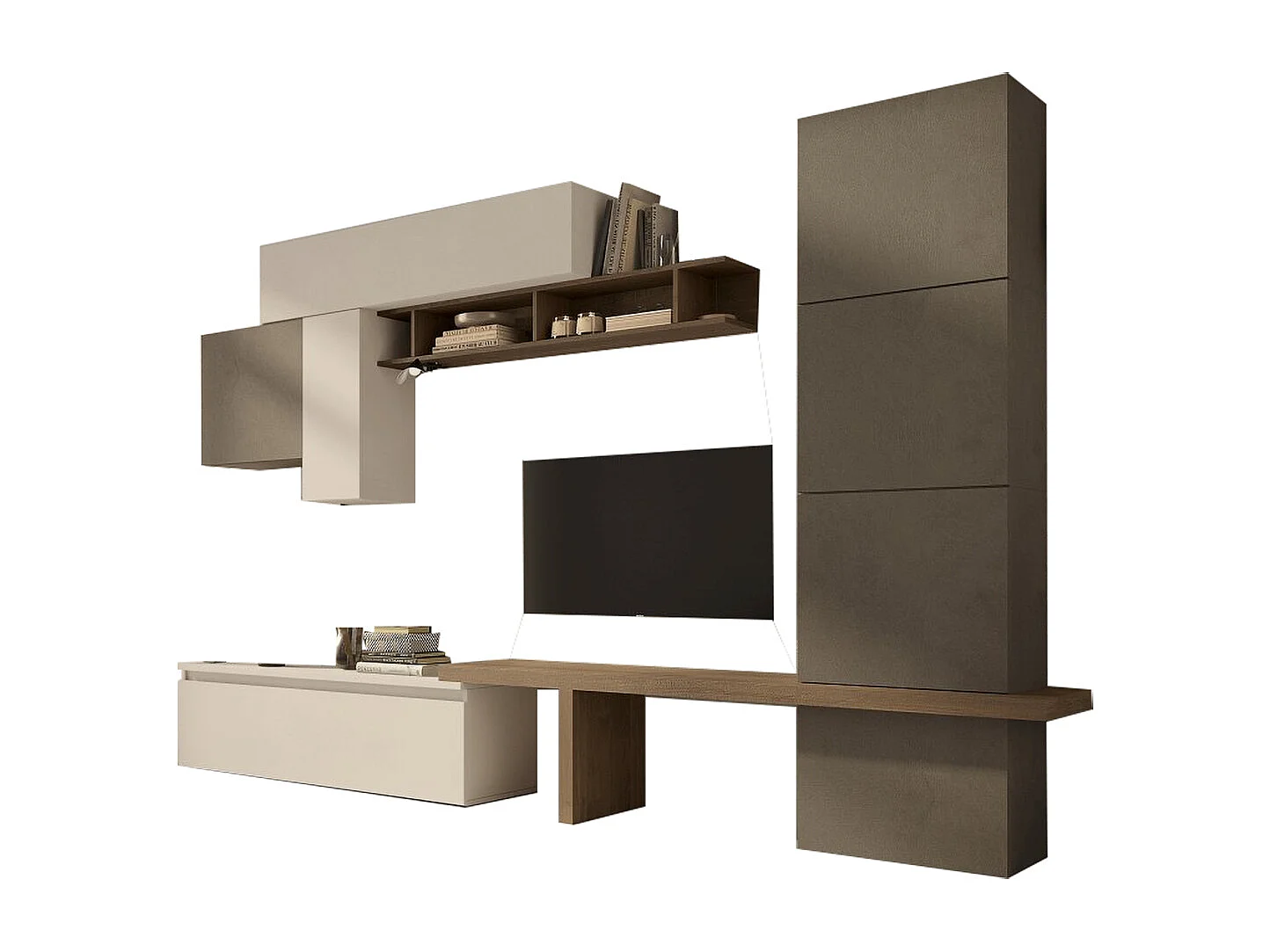 Parete attrezzata soggiorno 295x195 cm bronzo, beige e noce PAL57