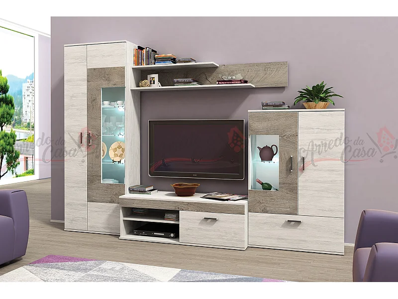 Parete attrezzata moderna con led rovere bianco/rovere sbiancato SG7