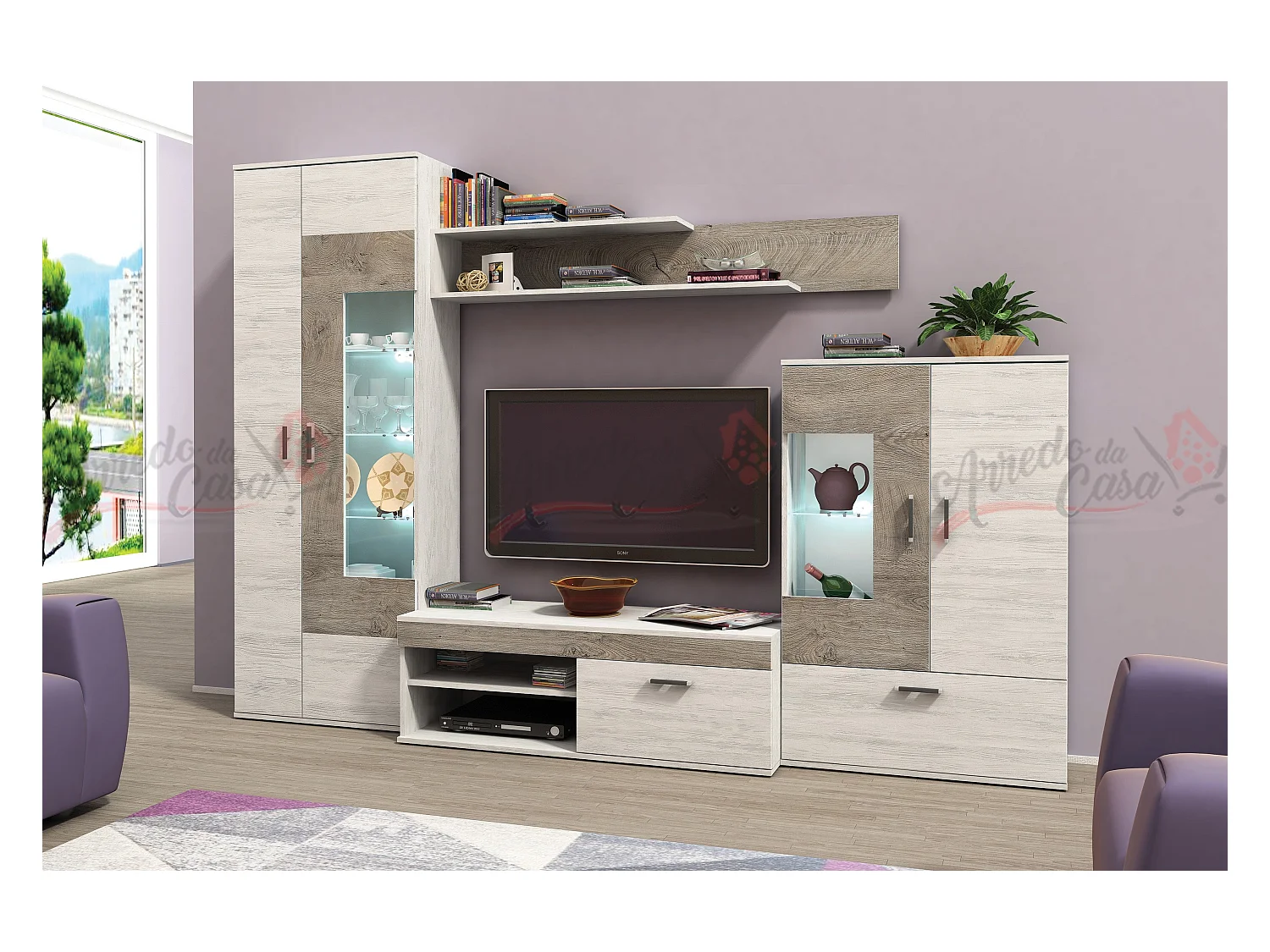 Parete attrezzata moderna con led rovere bianco/rovere sbiancato SG7