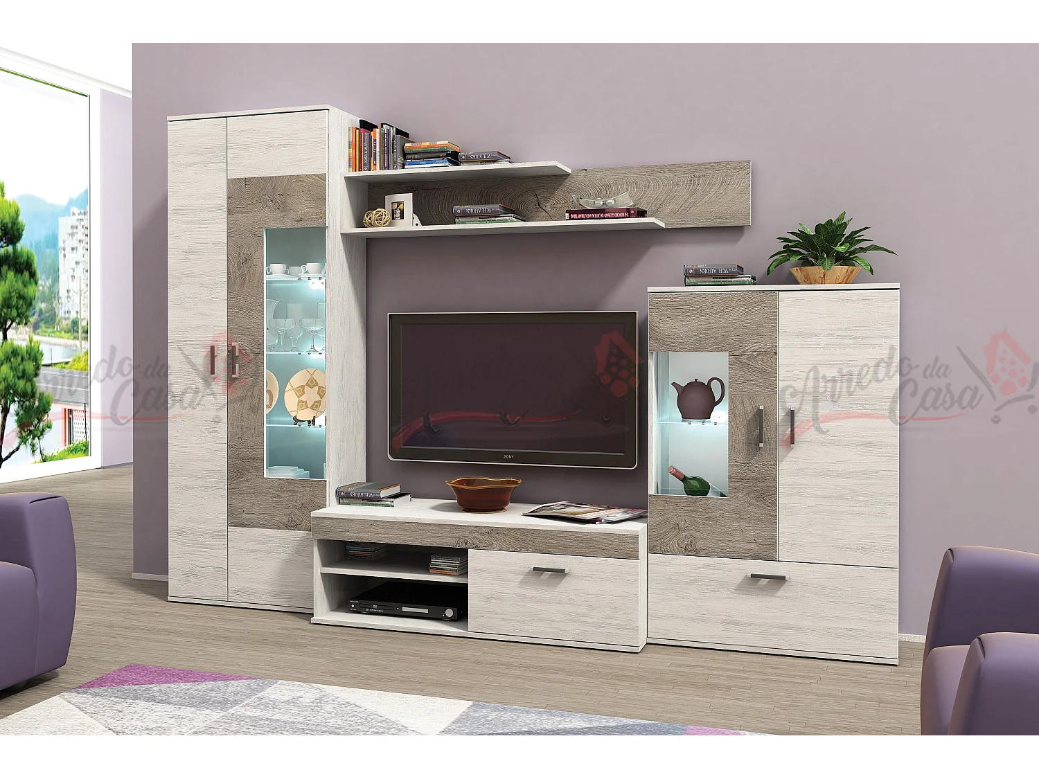 Parete attrezzata moderna con led rovere bianco/rovere sbiancato SG7