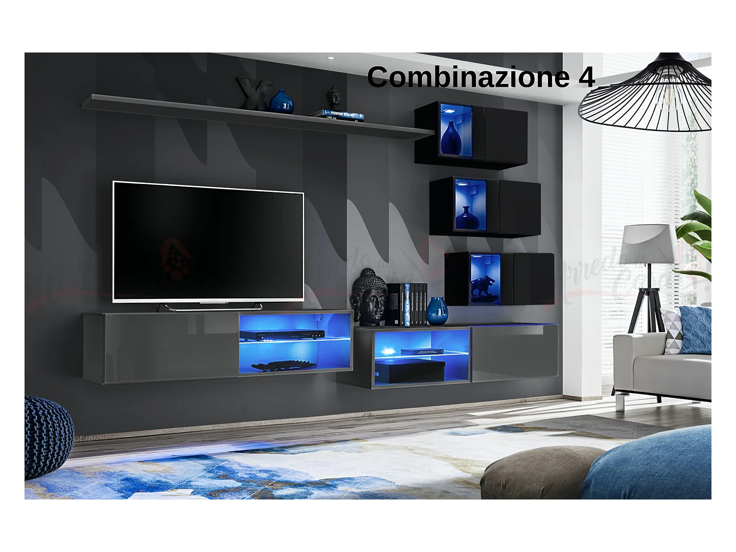 Parete attrezzata per soggiorno con vetrinette e luci led 260x170 grigio e nero PAP70