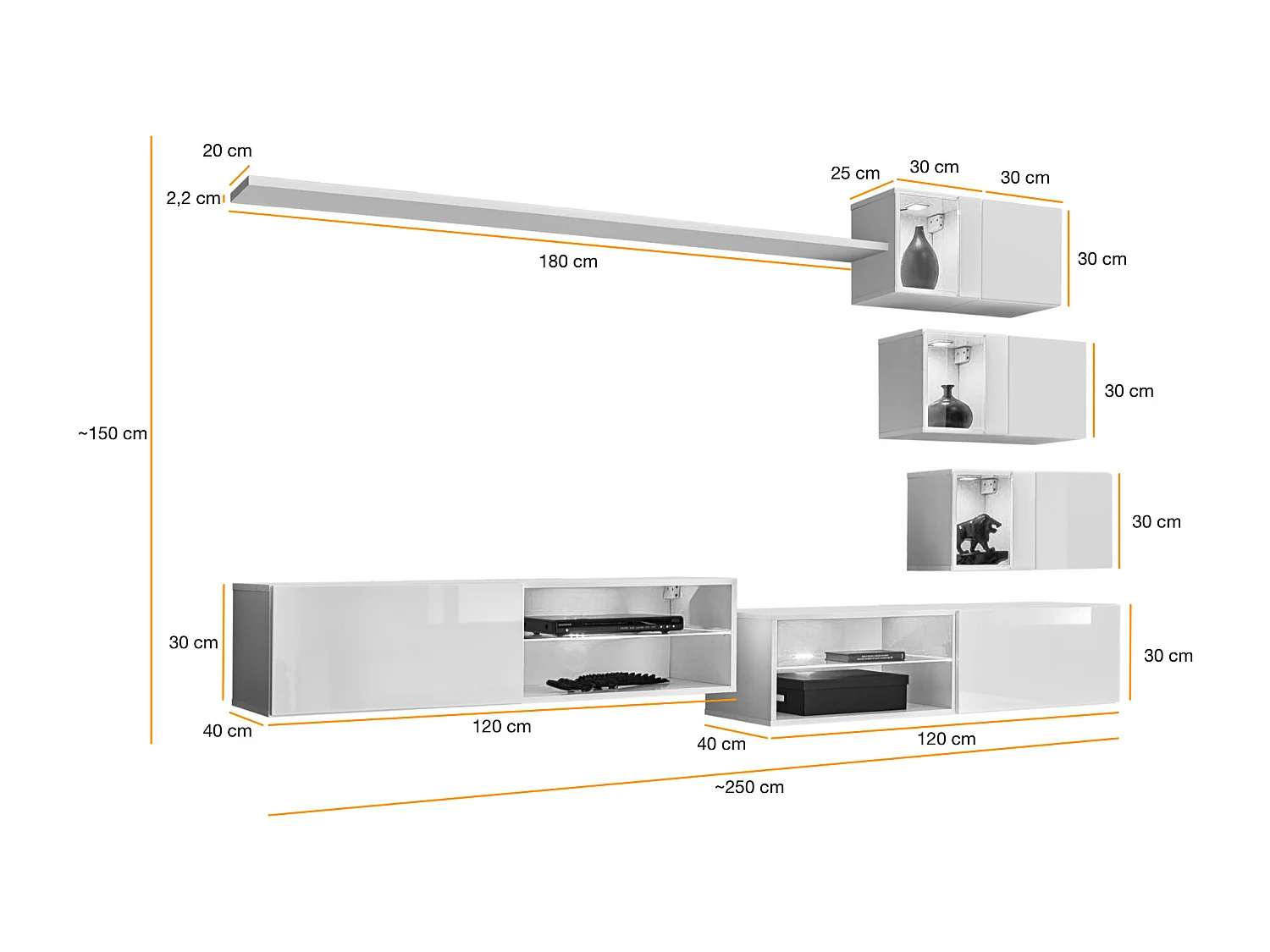 Parete attrezzata per soggiorno con vetrinette e luci led 260x170 grigio e nero PAP70