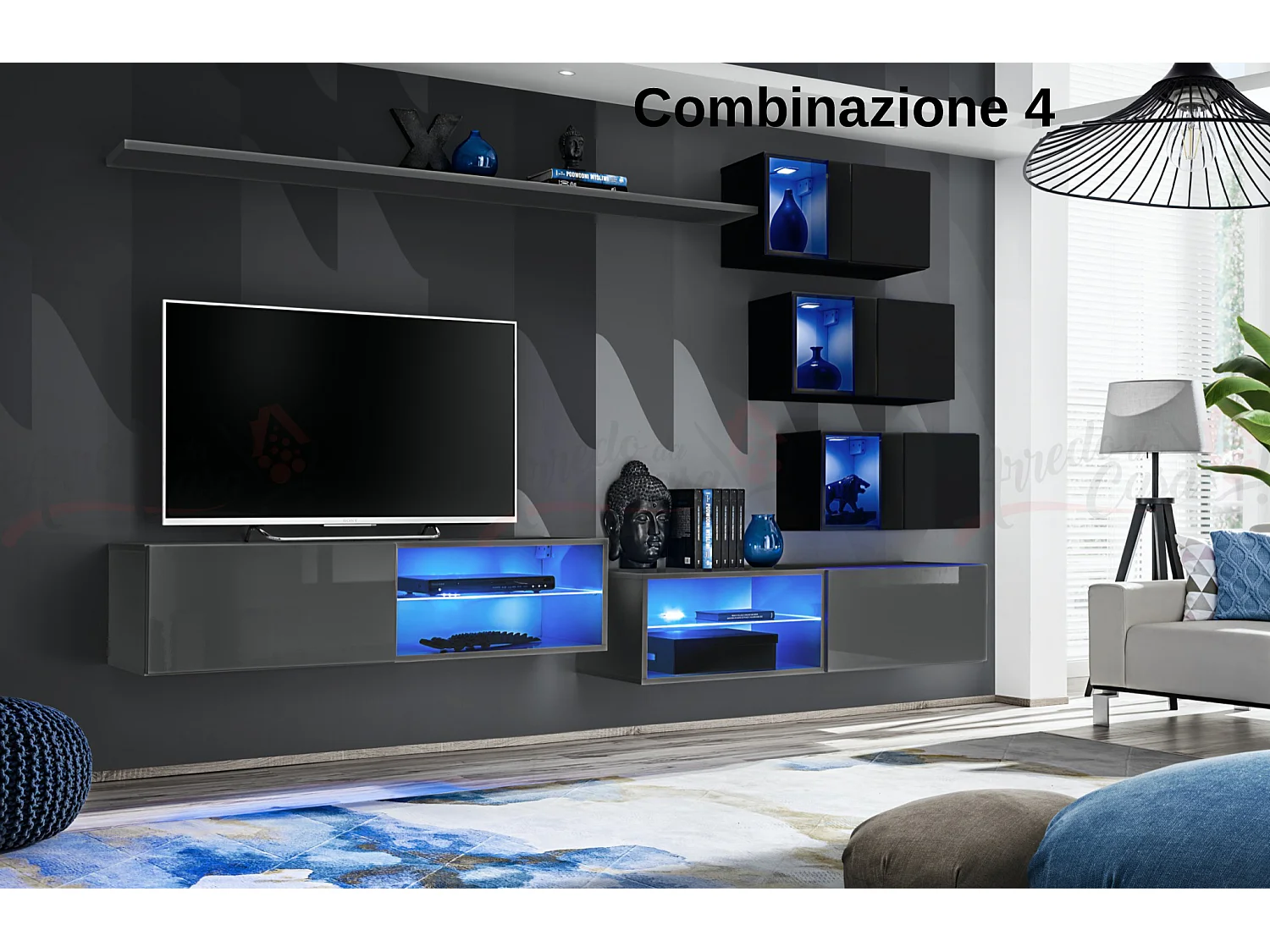 Parete attrezzata per soggiorno con vetrinette e luci led 260x170 grigio e nero PAP70