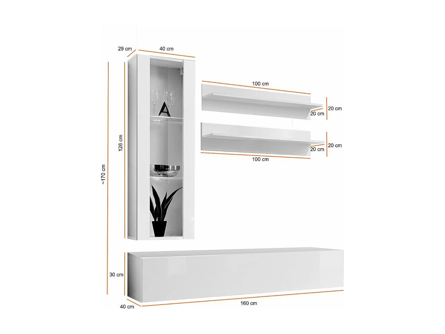 Parete attrezzata da soggiorno stile moderno piccola 160x170 bianco PAP100