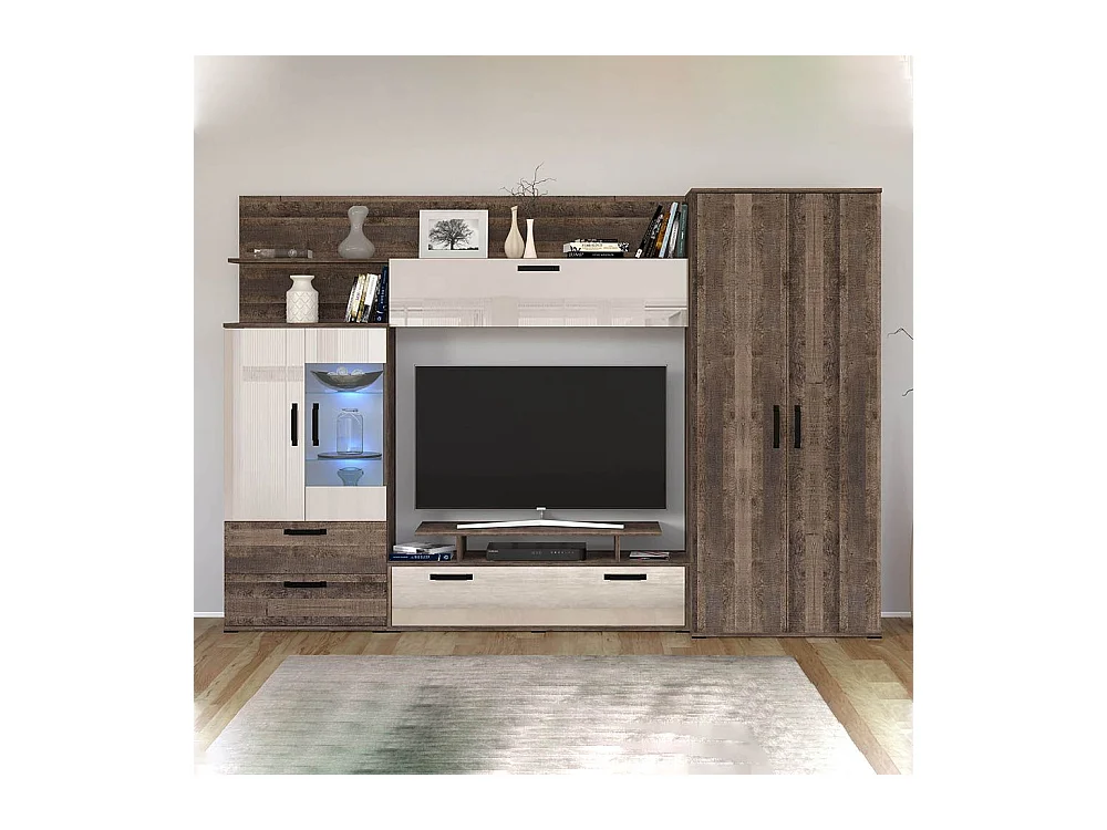 Parete attrezzata in stile scandinavo noce scuro e bianco lucido SG13