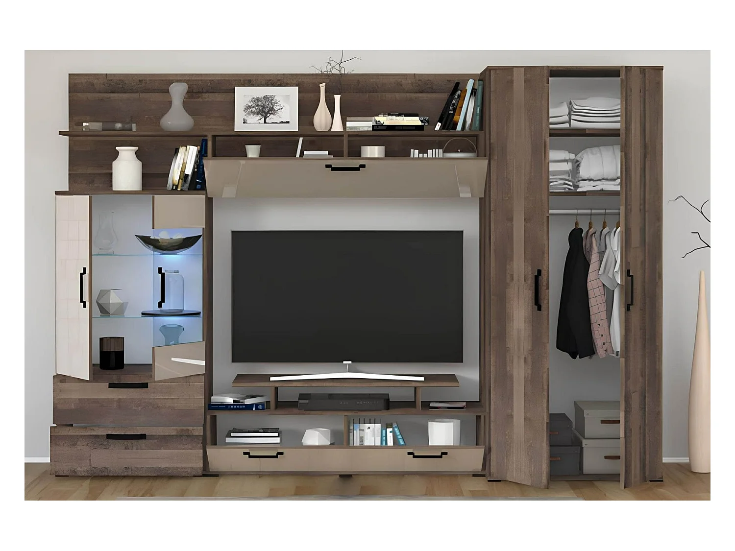 Parete attrezzata in stile scandinavo noce scuro e bianco lucido SG13