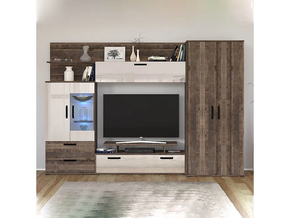 Parete attrezzata in stile scandinavo noce scuro e bianco lucido SG13