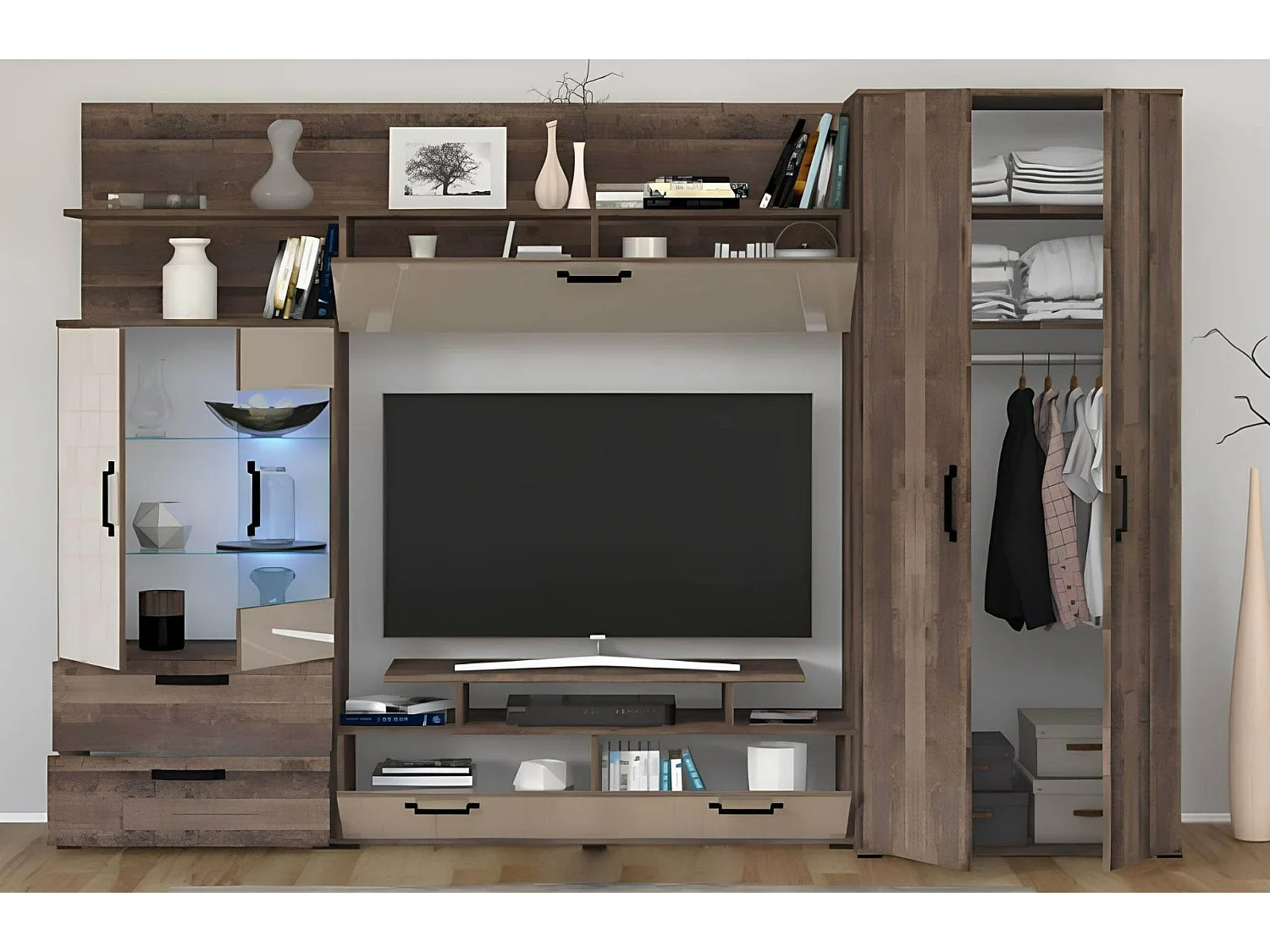 Parete attrezzata in stile scandinavo noce scuro e bianco lucido SG13