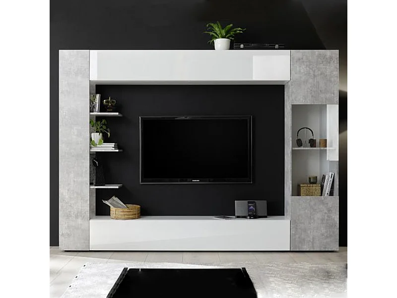 Parete attrezzata a terra design moderno con pensili e vetrina 257x187 PAL6 bianco e cemento