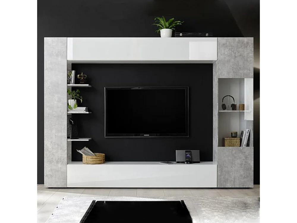 Parete attrezzata a terra design moderno con pensili e vetrina 257x187 PAL6 bianco e cemento