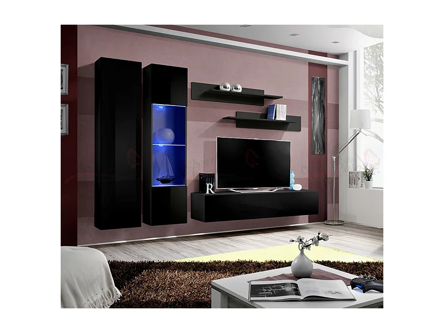 Parete attrezzata design moderno da soggiorno completa 260x190 nero PAP85