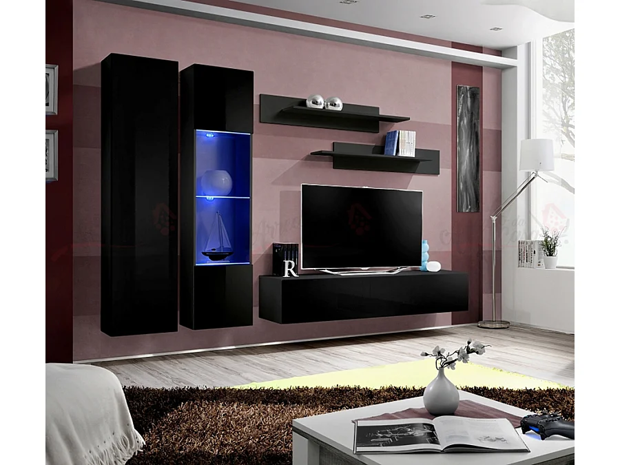 Parete attrezzata design moderno da soggiorno completa 260x190 nero PAP85