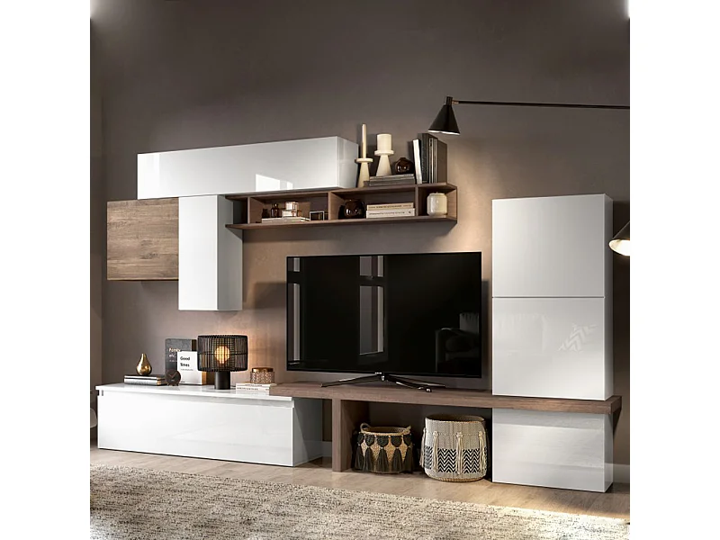 Parete attrezzata elegante 280x202 cm bianco lucido e noce PAL62