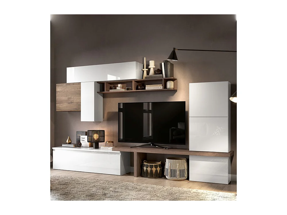 Parete attrezzata elegante 280x202 cm bianco lucido e noce PAL62