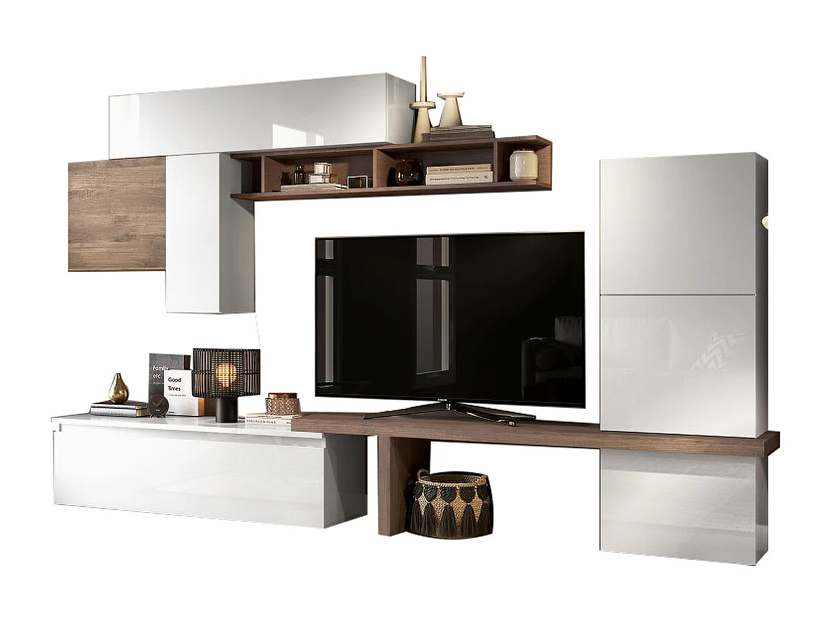 Parete attrezzata elegante 280x202 cm bianco lucido e noce PAL62