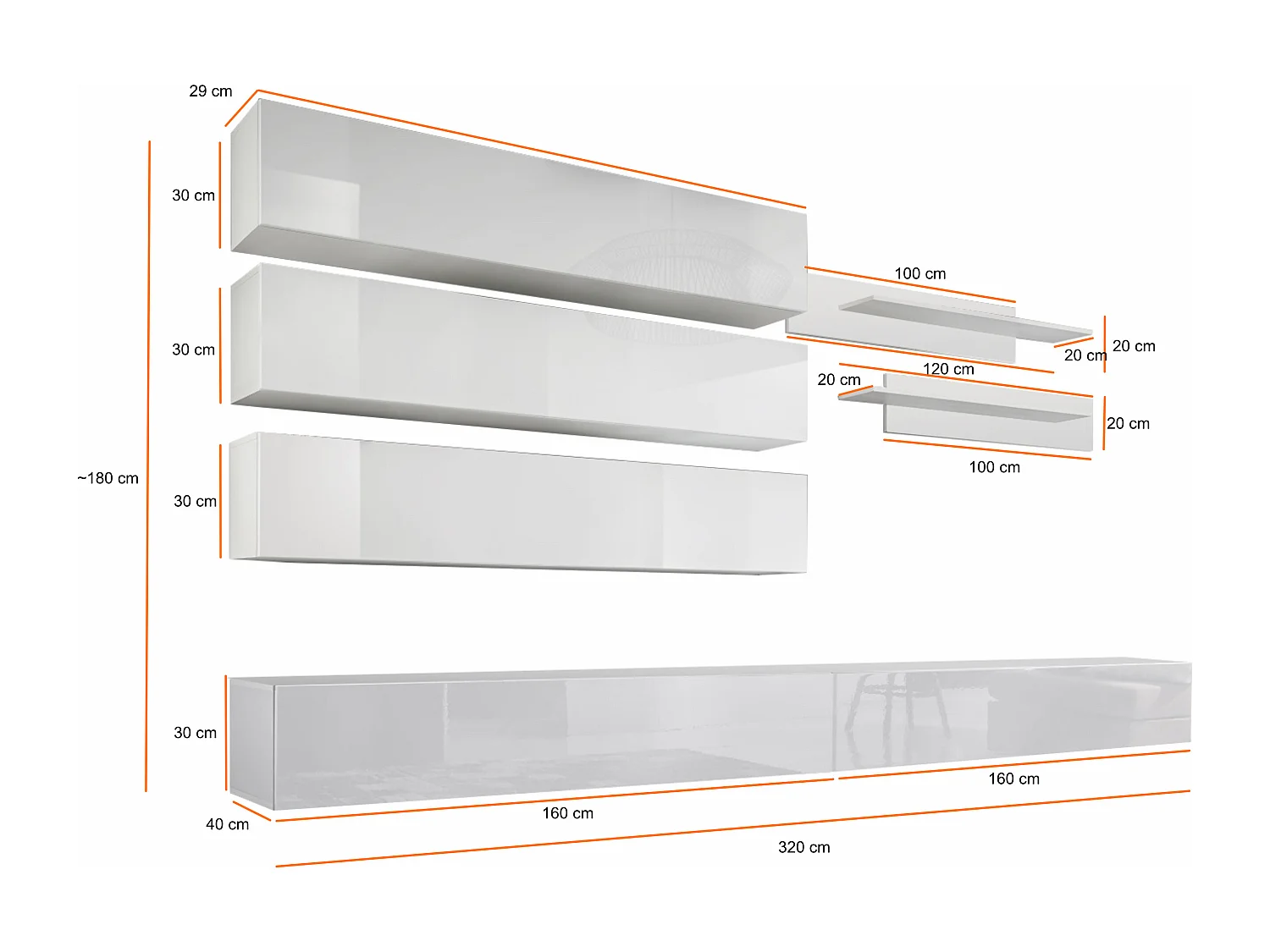 Parete attrezzata per soggiorno sospesa design moderno 320x170 bianco PAP105
