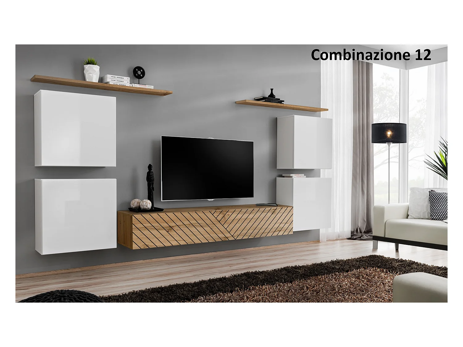 Parete attrezzata sospesa stile moderno 320x150 bianco e rovere PAP48