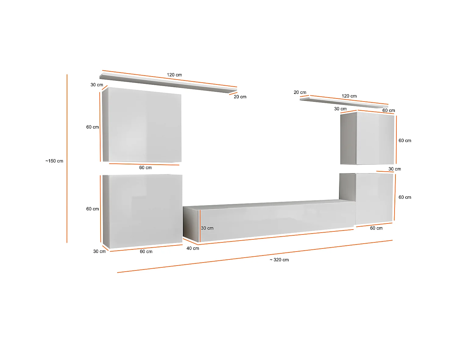 Parete attrezzata sospesa stile moderno 320x150 bianco e rovere PAP48