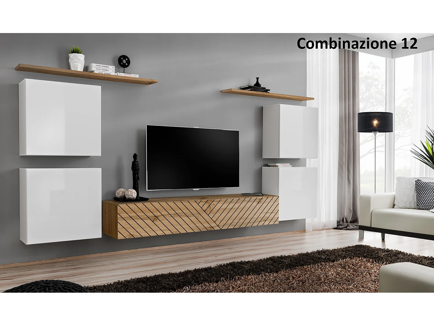 Parete attrezzata sospesa stile moderno 320x150 bianco e rovere PAP48