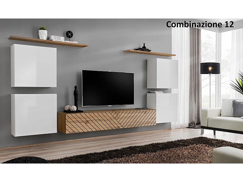 Parete attrezzata sospesa stile moderno 320x150 bianco e rovere PAP48