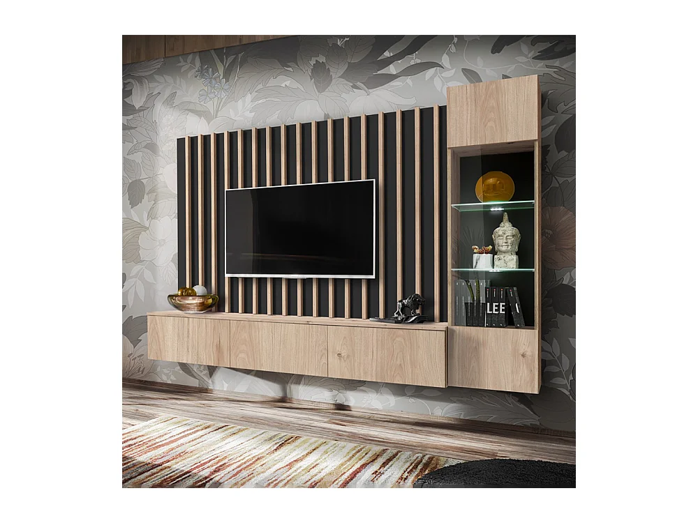 Parete attrezzata 220x148cm sospesa per salotto design moderno rovere e nero PAP143